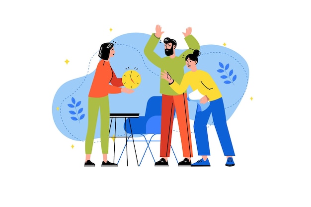 Deadline concept with people scene in the flat cartoon design Team of workers try to complete difficult task for the deadline Vector illustration