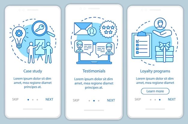 Decision making content blue onboarding mobile app page screen vector template. Customer attraction walkthrough website steps with linear illustrations. UX, UI, GUI smartphone interface concept