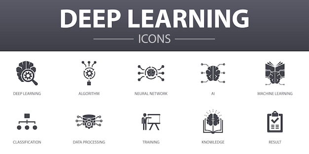 Deep learning simple concept icons set. Contains such icons as algorithm, neural network, AI, Machine learning and more, can be used for web, logo, UI/UX
