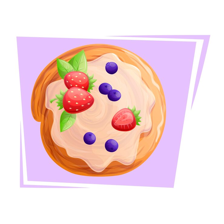 Vektor delicious sweet bun with cream and berries on a purple background the concept of confectionery