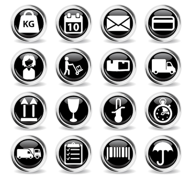 Delivery icons on round black buttons with metal ring
