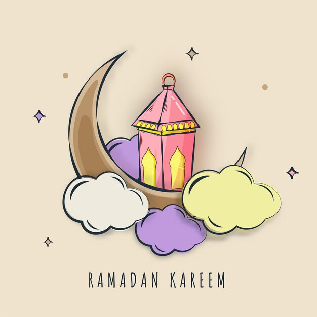 Design plakátu oslavy Ramadánu Kareem s kresleným půlměsícem, arabskou lucernou a mraky na pastelovém hnědém pozadí
