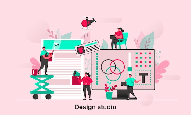 Design studio web concept design in flat style with tiny people characters