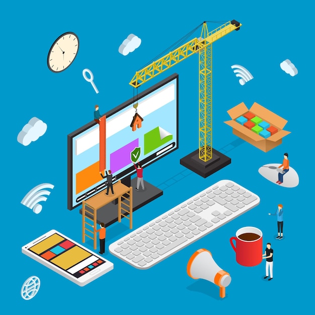design usability isometric view witch mobile phone and computer vector