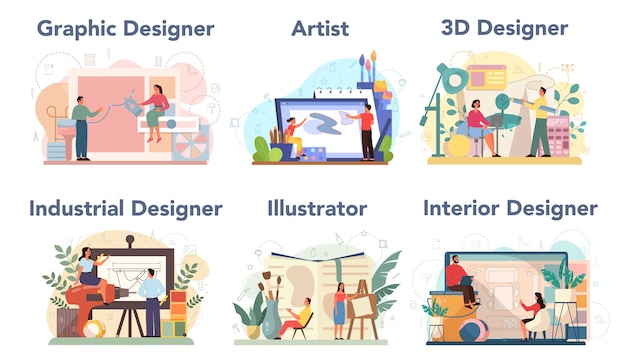 Designer concept set. Graphic, 3d, interior, industrial designer, illustrator, artist. Collection of hobby and modern profession.    
