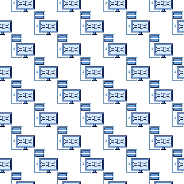 Desktop Computer with Artificial Intelligence Technology vector AI colored seamless pattern in thin line style