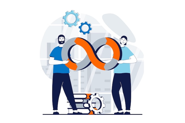 DevOps concept with people scene in flat design for web Man working in team with software programming and optimization workflow Vector illustration for social media banner marketing material
