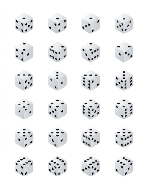 dice isometric. variants white game cubes isolated on transparent background. white poker cubes isolated