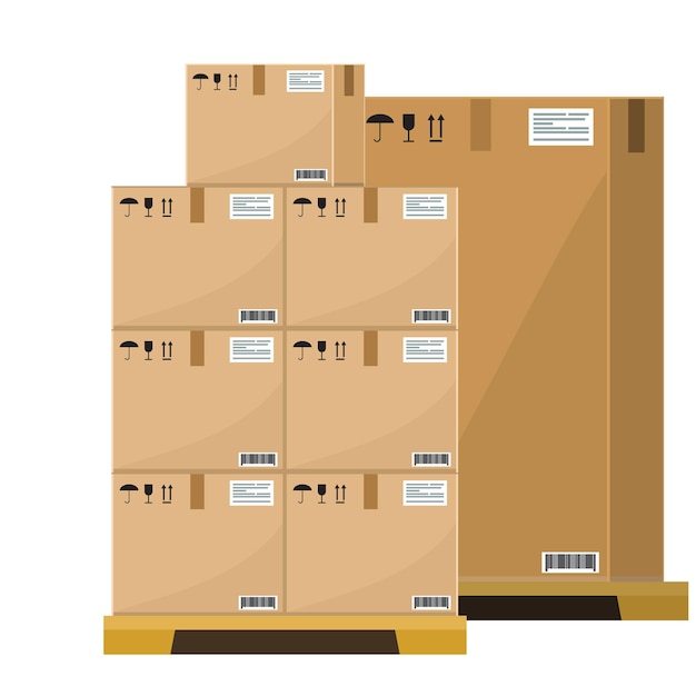 different boxes on wooded pallet vector illustration flat and solid style warehouse cardboard parcel boxes stack front view
