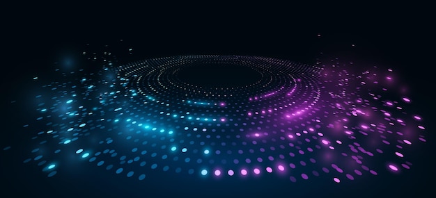 digital circles of glowing sparkling dots on dark background perspective view to abstract dotted circle crumbling particles of information in a neural network big data visualization vector