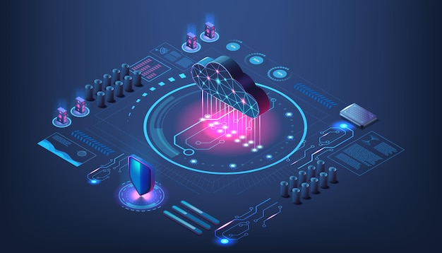 Digital data cloud Technology center Files storage Virtual server 3d application platform Isometric network infrastructure Database connection Vector computer system concept