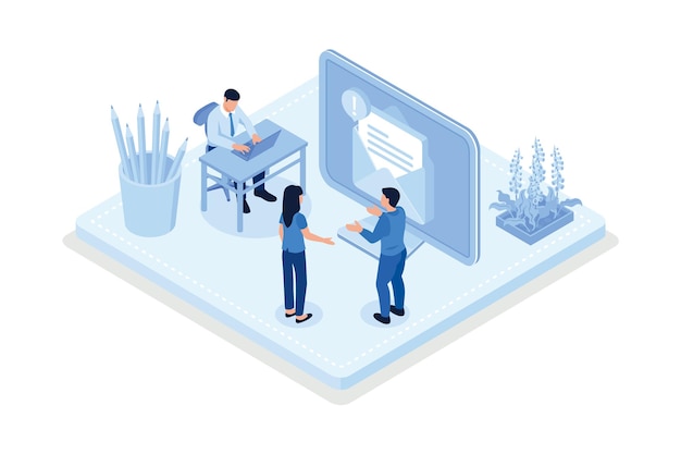 digital marketing, characters integrating with sending advertising emails, isometric vector modern
