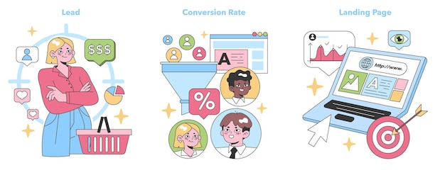 Digital marketing set engaging lead acquisition efficient conversion funnel and optimized landing