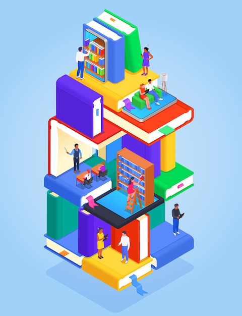 digital online library isometric colored concept