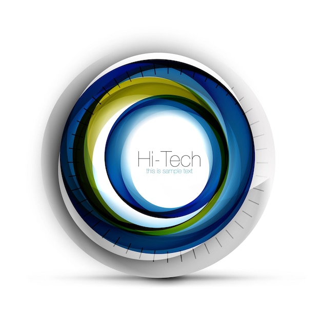 Digital techno sphere web banner button or icon with text Glossy swirl color abstract circle design hitech futuristic symbol with color rings and grey metallic element Vector illustration