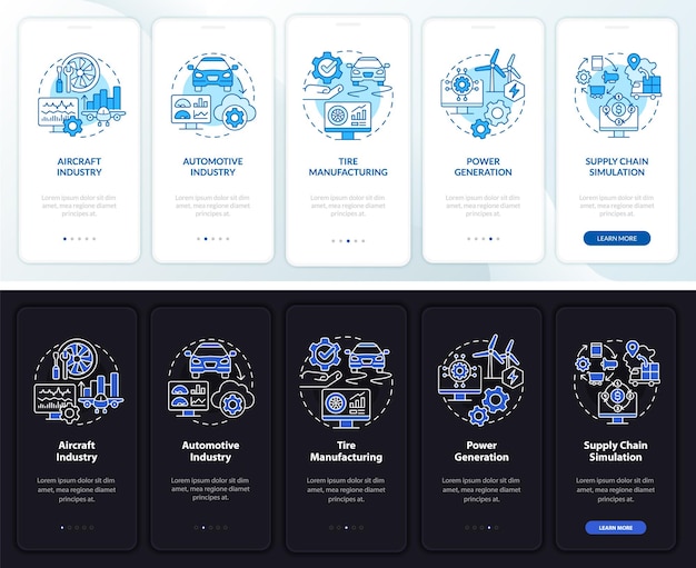 Digital twin usage night and day mode onboarding mobile app screen. Walkthrough 5 steps graphic instructions pages with linear concepts. UI, UX, GUI template. Myriad Pro-Bold, Regular fonts used