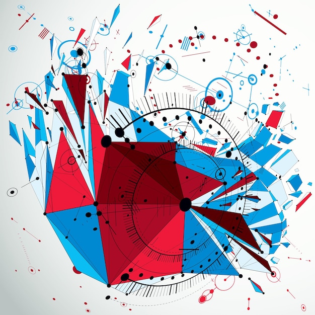 Dimensional mechanical scheme, colorful futuristic vector engineering drawing created with circles and connected lines. 3d cybernetic tech background made using low poly object with splinters.