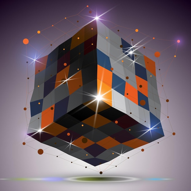 Dimensional twisted shiny cube with lights effect. 3d colorful design element with connected lines, can be used in engineering and technology projects.