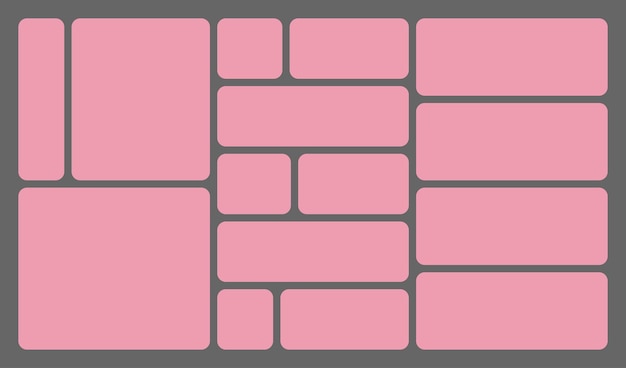 Dimensions 16x9 trendy bento grid layout style brick Ui UX templates Web comic grids rounded corners Different panel layouts with y2k and brutal shapes tiles of different sizes Vector illustration
