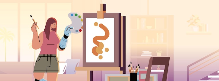 Vektor disabled woman artist with replaced robotic leg and arm girl drawing on canvas people with disabilities concept modern studio interior horizontal vector illustration