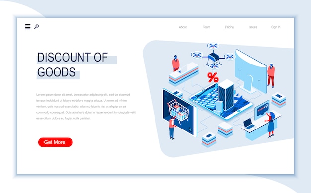 Discount of goods isometric landing page template.