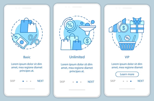Discounts ampamp bonuses subscription onboarding mobile app page screen with linear concepts