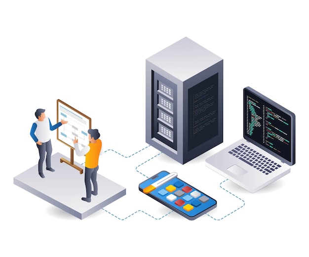 discussion work team developing server hosting application flat isometric 3d illustration infographic