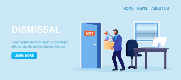 Dismissal employee replacement Unhappy man dismissed from job leave office with stuff in box Unemployed jobless benefit Unemployment dismissal of workers Layoff crisis employee job reduction