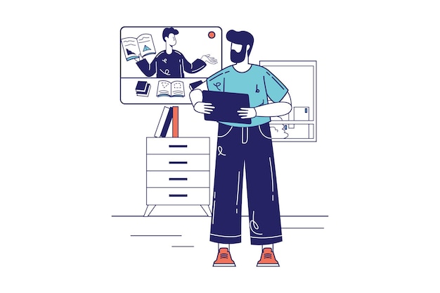 Distance learning concept in flat line design for web banner. Man watching video lecture with teacher, online education, e-learning, modern people scene. Vector illustration in outline graphic style