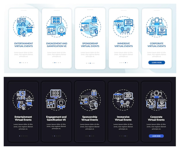Distant meetings types onboarding mobile app page screen with concepts