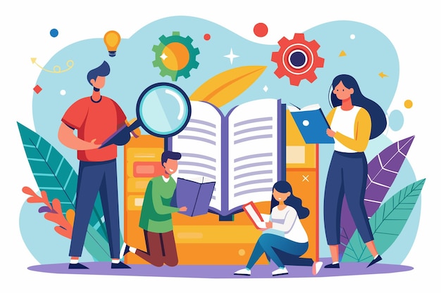 diverse group of individuals closely examining a book using a magnifying glass people reading and searching on the user manual guide book simple and minimalist flat vector illustration