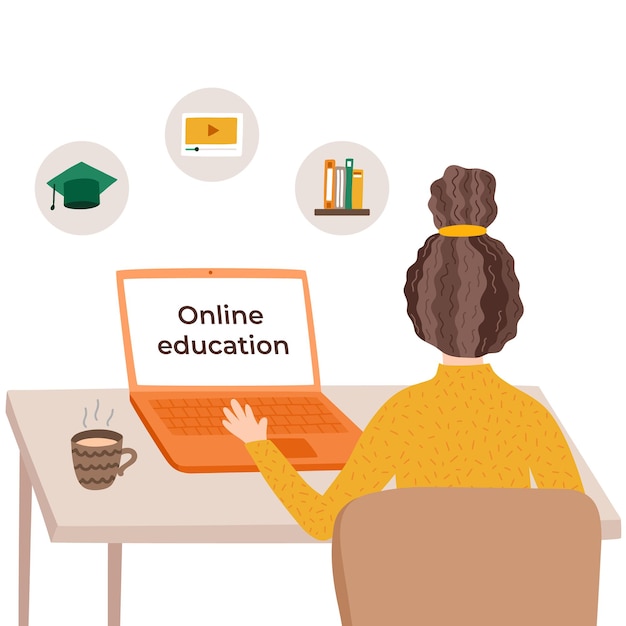 Dívka sedí před počítačem a studuje Pohled zezadu Moderní koncept online vzdělávání učení podnikání Vektorová ilustrace s mladým studentem doma Domácí vzdělávání online kurz