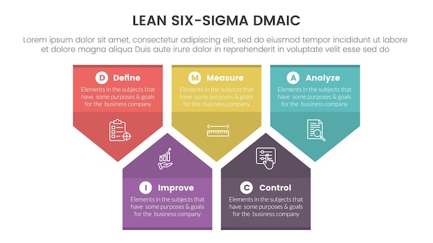 Dmaic lss lean six sigma infographic 5 point stage template with badge arrow shape information concept for slide presentation