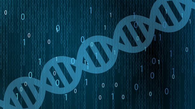 DNA helix with binary code on blue background Vector illustration