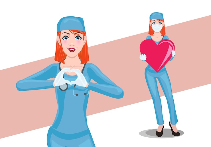 Vektor doctor female in mask holds a heart in her hands nurse woman show love hand gestures