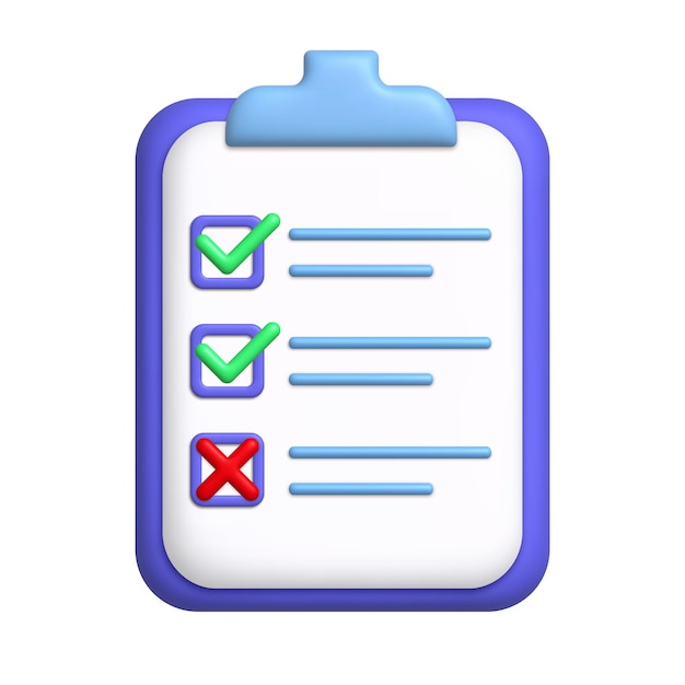 Document 3d icon Todo list on clipboard with check and cross marks 3d realistic design element