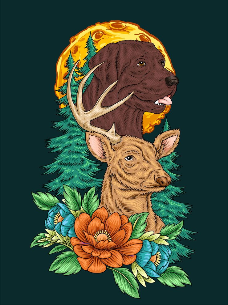 Vektor dog and deer with flower forest tattoo