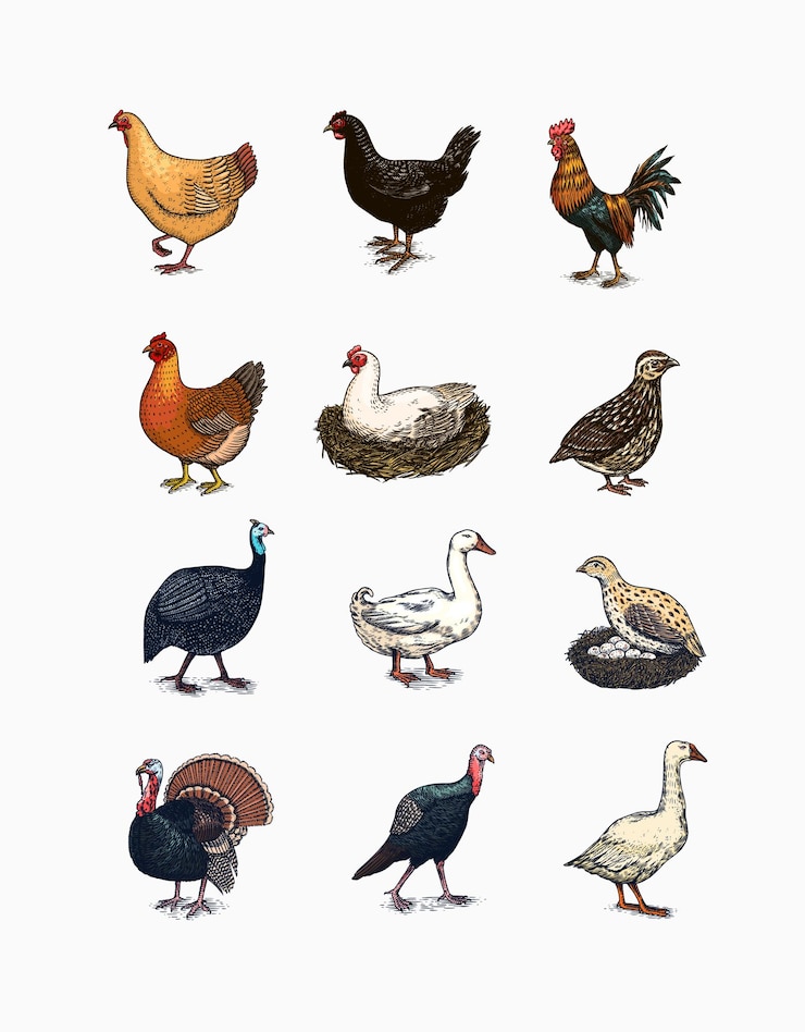 Vektor domestic chicken bird turkey guinea fowl goose duck quail hand drawn engraved farm animal old