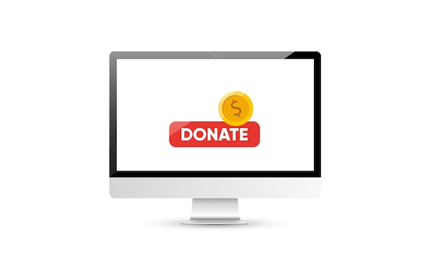 donate online concept. computer with gold coin and button on the screen.