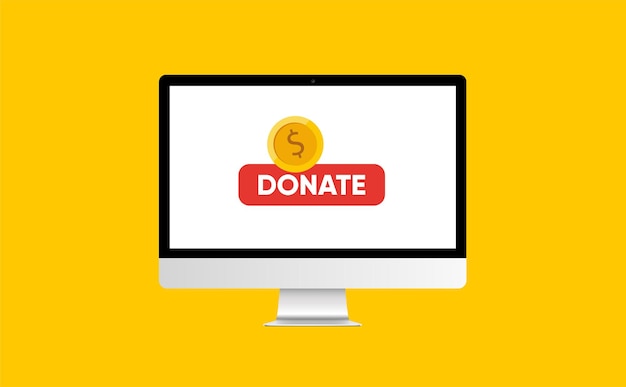 donate online concept. pc with gold coin and button on the screen.