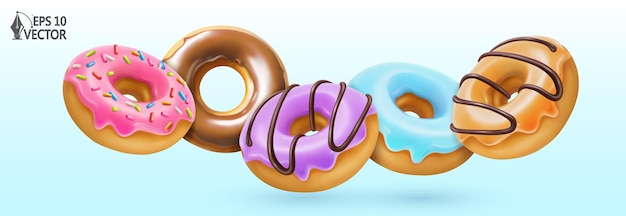 donuts with pink glaze and chocolate colored glaze and caramel 3d vector realistic food icons set