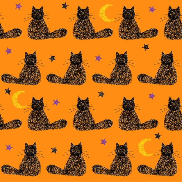 Doodle handmade halloween seamless pattern background with stars, moon and black cat. Hand drawn simple graphic cover. Funny cartoon illustration.