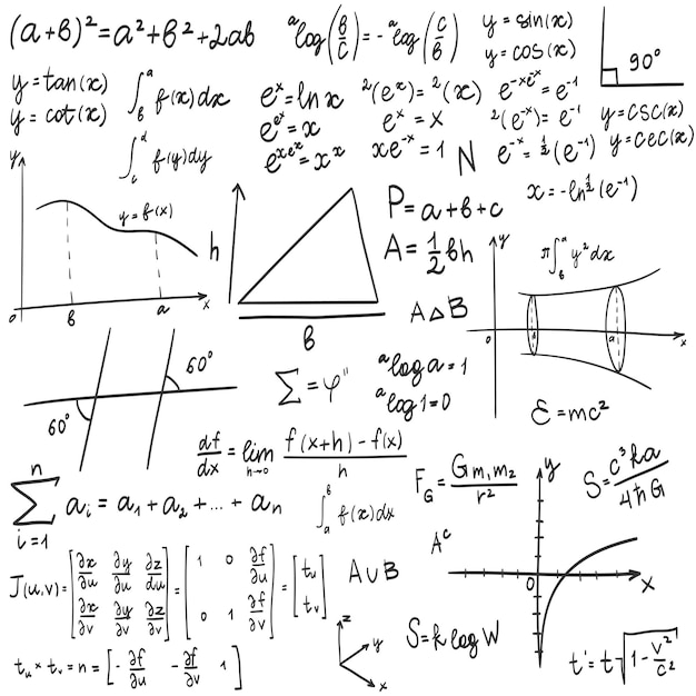 Doodle vector drawing of scientific formulas on a school board in black and white