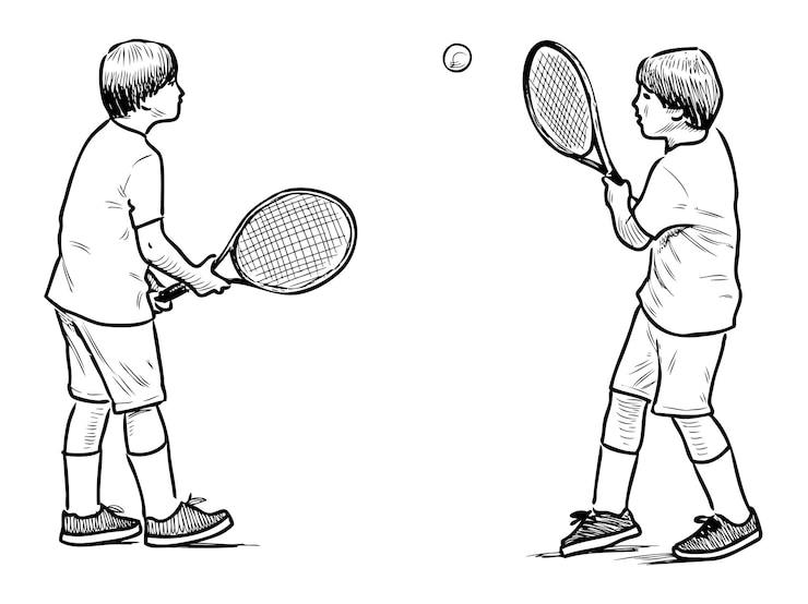 Vektor dospívající chlapci hrají tenis sport aktivní dva školáci tenisové rakety vektorový obrys