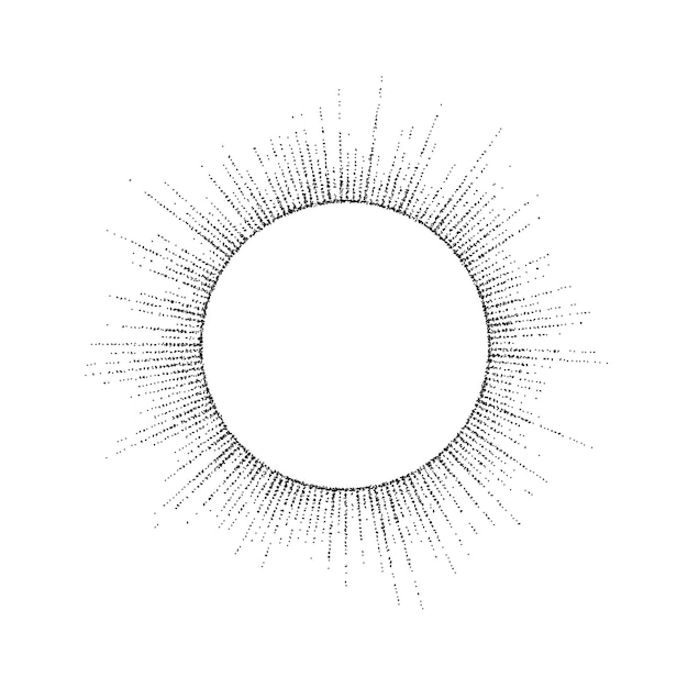 dotted sunbeam round frame. black grainy sunburst text template. textured stipple rays separator