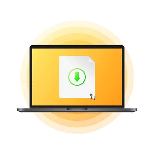 Download file Flat color download file from laptop cursor on screen laptop screen download file Vector illustration
