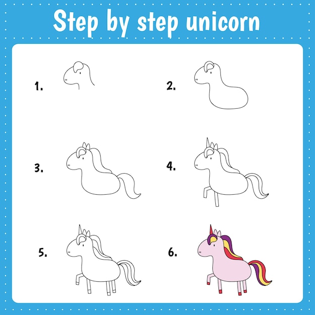 drawing lesson for children how draw a unicorn drawing tutorial for kids step by step repeats the picture kids activity art page for book vector illustration