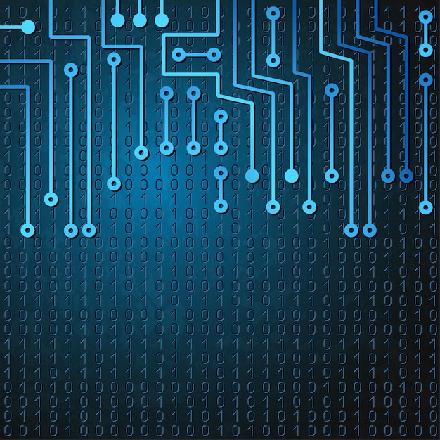 drawing modern electronic circuit and  binary code on blue grungy background