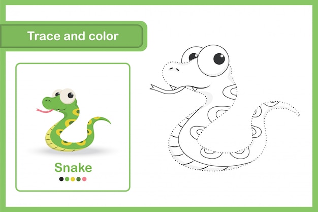 Drawing worksheet for preschool kids, Trace and colour : Snake