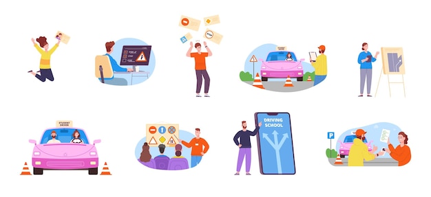 driver exam professional driving school test on drive id licence car permission instructor learn education road rules to beginner drivings training vector illustration of auto professional exam